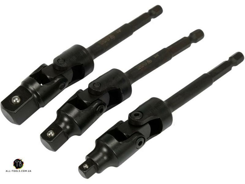 Тримачі-адаптери торц головок шар YATO: з 6-гран.- 1/4" до квадр-1/4",3/8",1/2", L= 125мм, Cr-V, 3шт YT-04641 фото
